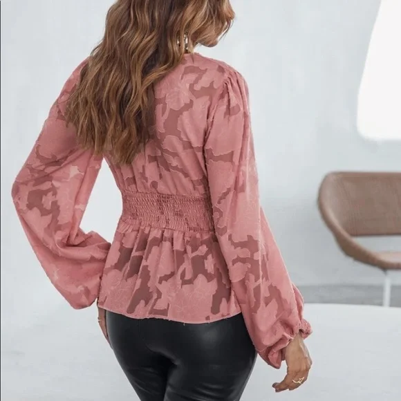 Romantic floral appliqué button detail peplum blouse redwood - Picture 9 of 16